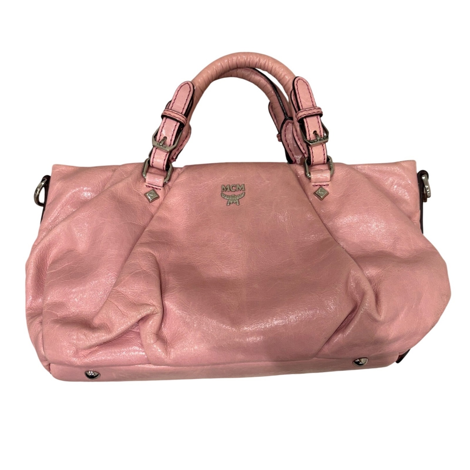 Mcm Pink Leather Satchel Handbag Silver Hardware Crossbody Bag